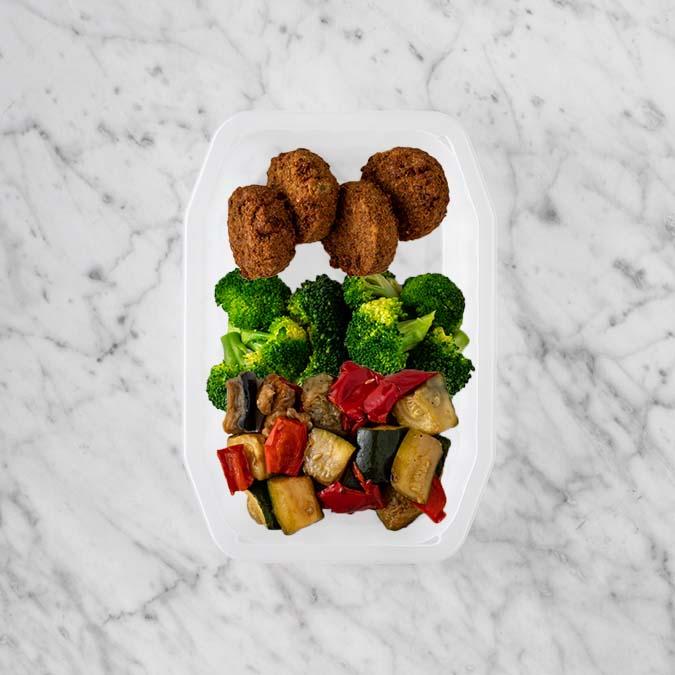 150g Baked Falafel 100g Broccoli 100g Char Veg