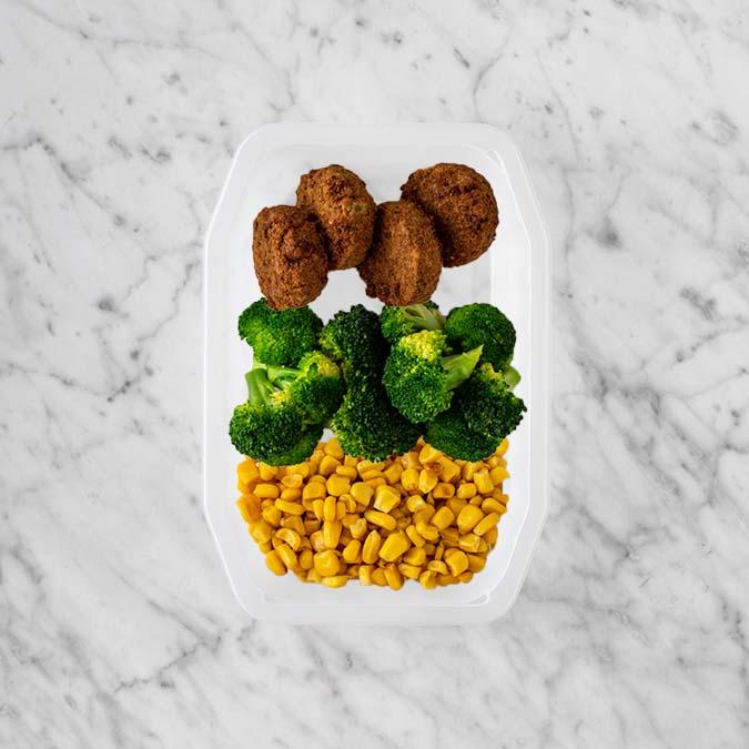 150g Baked Falafel 100g Broccoli 100g Corn