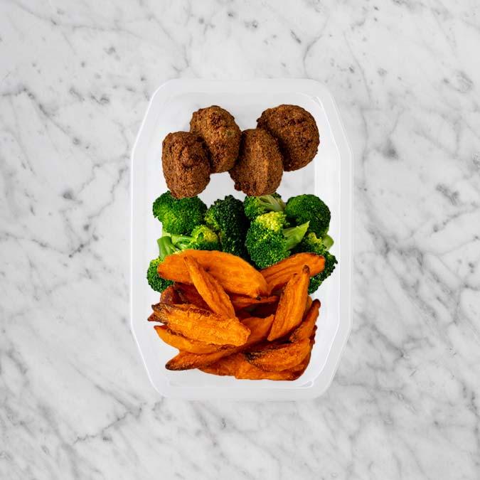 150g Baked Falafel 100g Broccoli 100g Sweet Potato Fries