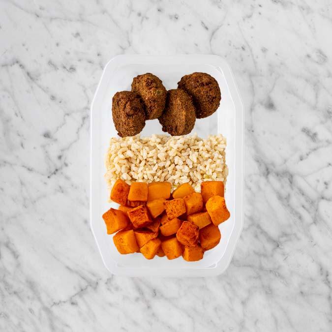 150g Baked Falafel 100g Brown Rice 100g Rosemary Baked Sweet Potato
