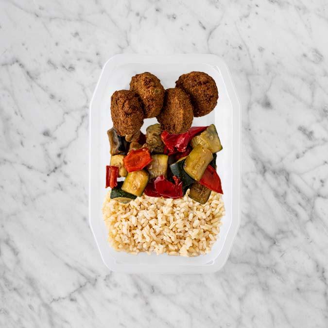 150g Baked Falafel 100g Char Veg 100g Brown Rice