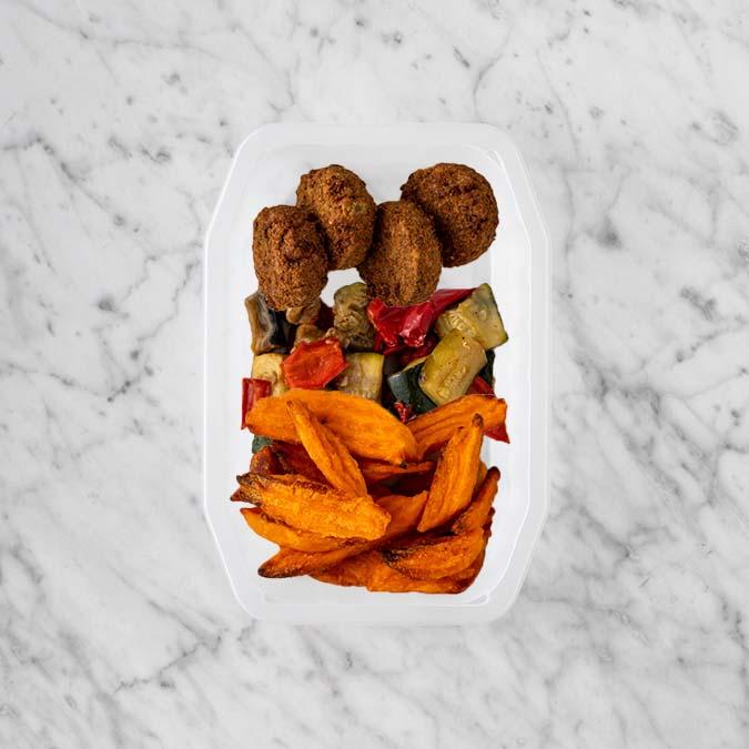 150g Baked Falafel 100g Char Veg 100g Sweet Potato Fries
