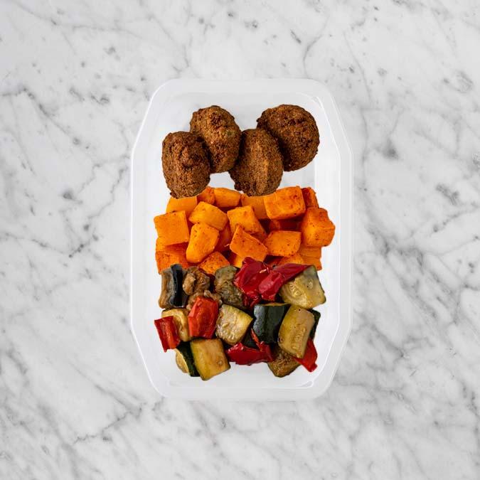 100g Baked Falafel 50g Rosemary Baked Sweet Potato 50g Char Veg