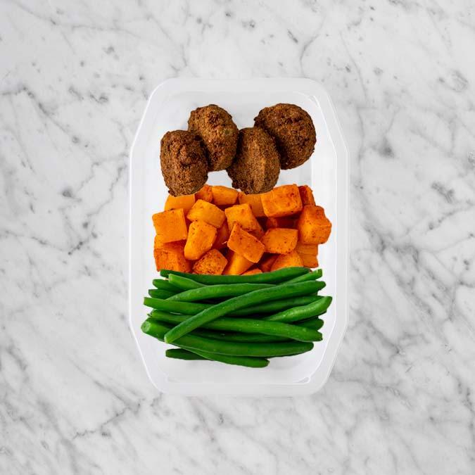 150g Baked Falafel 100g Rosemary Baked Sweet Potato 100g Green Beans