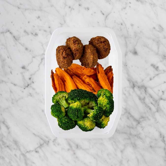 150g Baked Falafel 100g Sweet Potato Fries 100g Broccoli