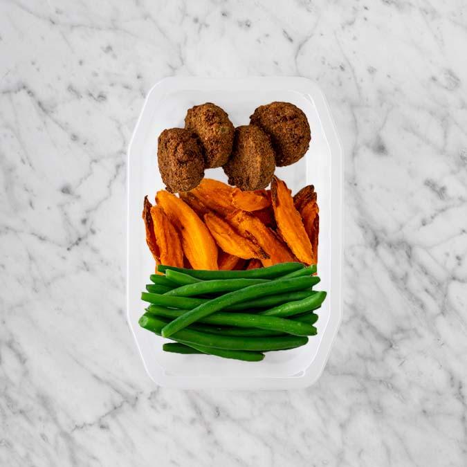 150g Baked Falafel 100g Sweet Potato Fries 100g Green Beans