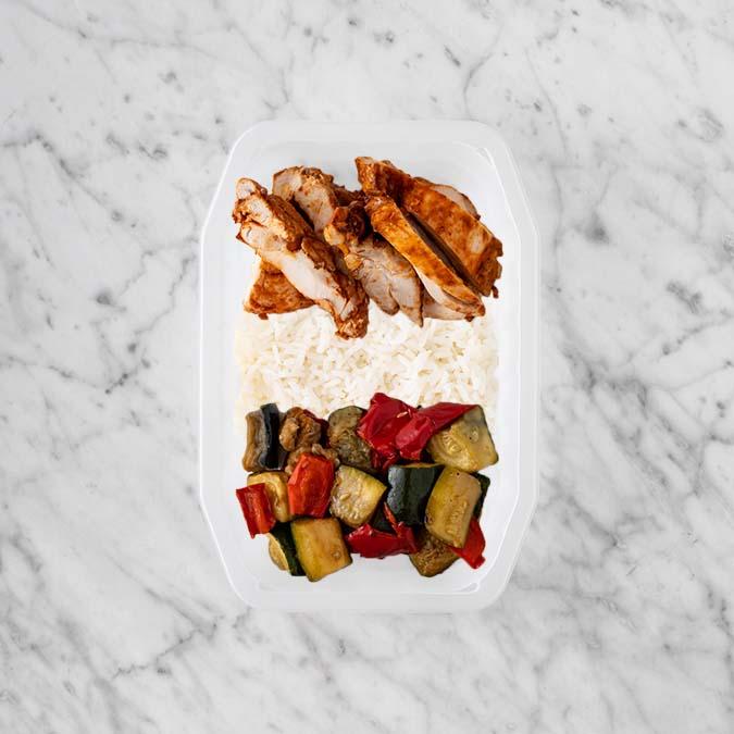 100g Chipotle Chicken Thigh 50g Basmati Rice 100g Char Veg