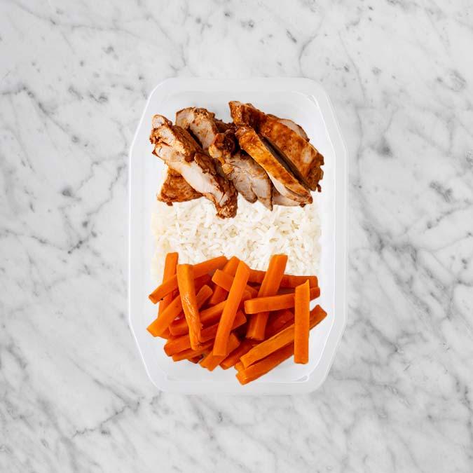 100g Chipotle Chicken Thigh 100g Basmati Rice 250g Honey Baked Carrots