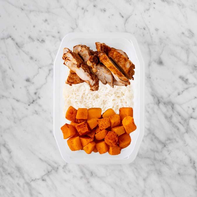 100g Chipotle Chicken Thigh 100g Basmati Rice 150g Rosemary Baked Sweet Potato