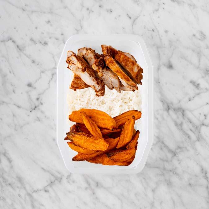 100g Chipotle Chicken Thigh 50g Basmati Rice 200g Sweet Potato Fries