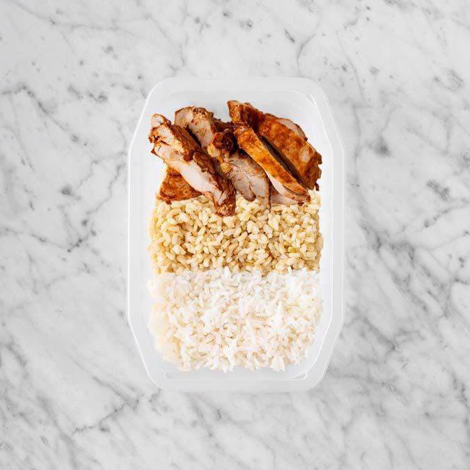 100g Chipotle Chicken Thigh 50g Brown Rice 150g Basmati Rice