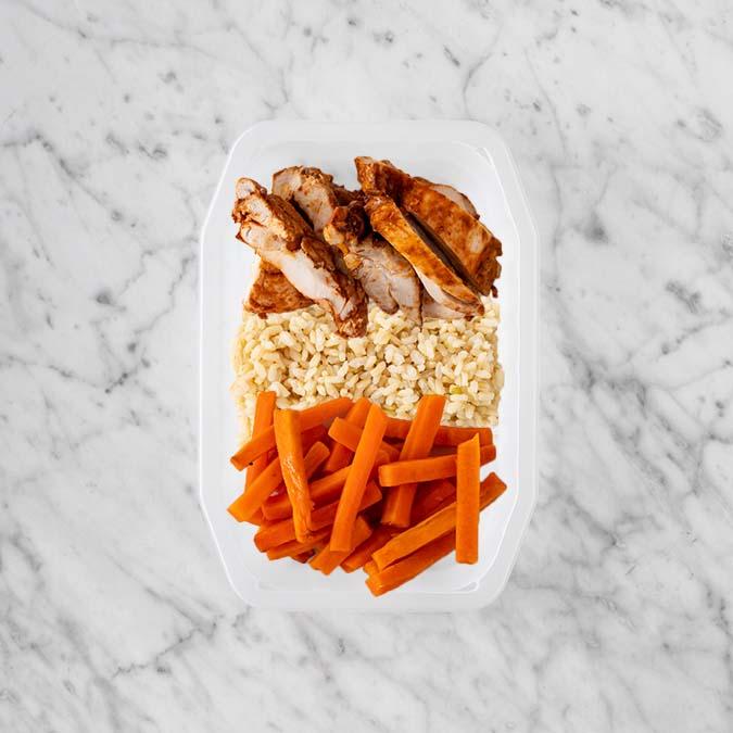 100g Chipotle Chicken Thigh 200g Brown Rice 150g Honey Baked Carrots