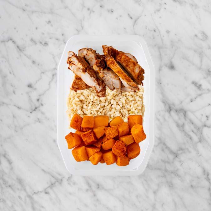 100g Chipotle Chicken Thigh 150g Brown Rice 100g Rosemary Baked Sweet Potato