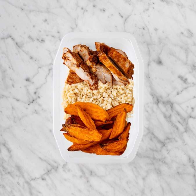 100g Chipotle Chicken Thigh 50g Brown Rice 50g Sweet Potato Fries