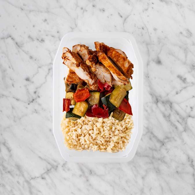 100g Chipotle Chicken Thigh 50g Char Veg 200g Brown Rice