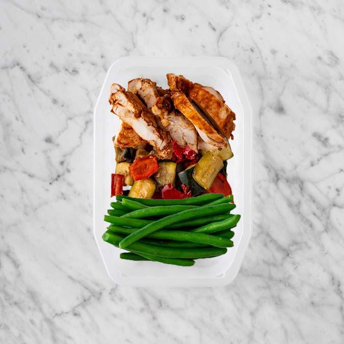 100g Chipotle Chicken Thigh 50g Char Veg 250g Green Beans