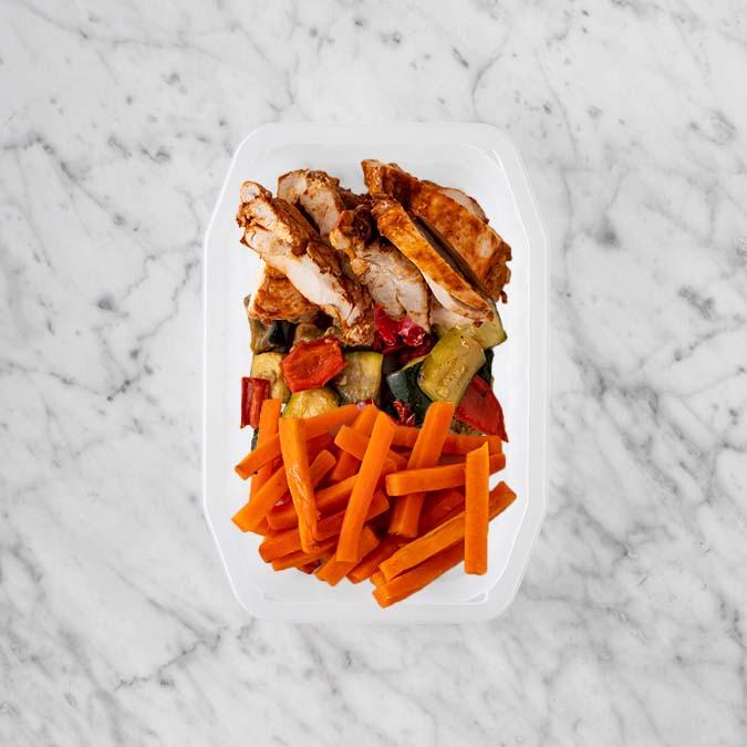 100g Chipotle Chicken Thigh 50g Char Veg 200g Honey Baked Carrots