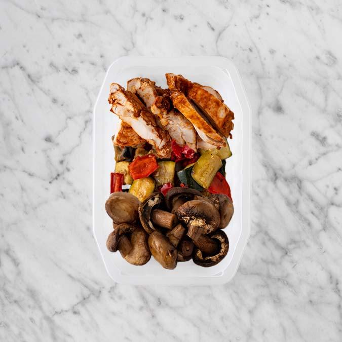 100g Chipotle Chicken Thigh 50g Char Veg 100g Mushrooms