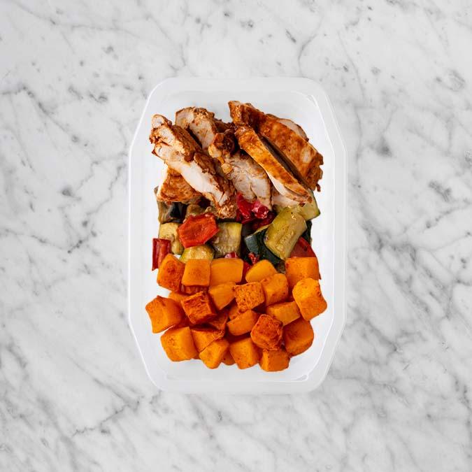 100g Chipotle Chicken Thigh 50g Char Veg 250g Rosemary Baked Sweet Potato