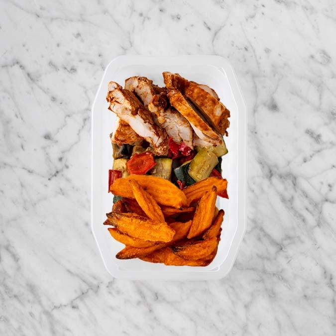 100g Chipotle Chicken Thigh 50g Char Veg 100g Sweet Potato Fries