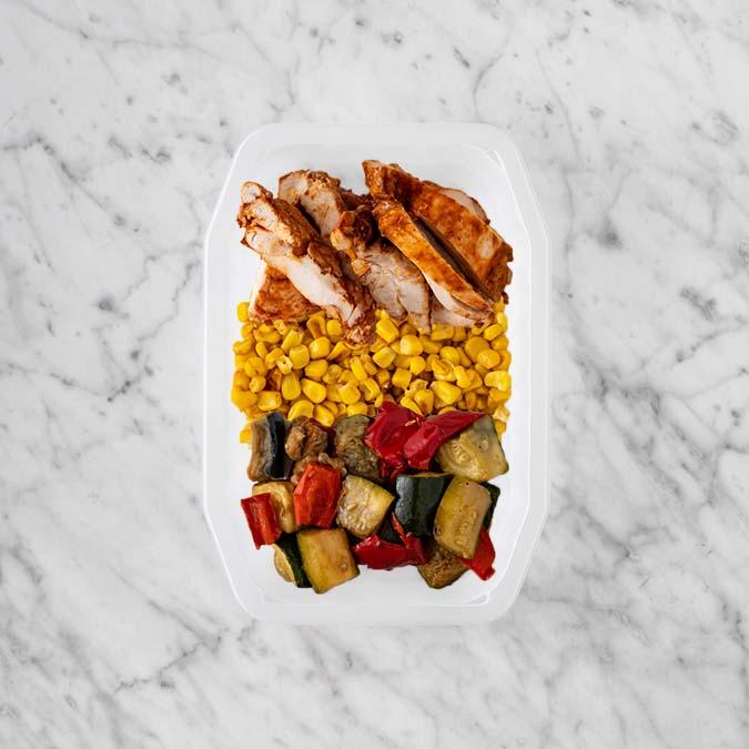 100g Chipotle Chicken Thigh 50g Corn 200g Char Veg