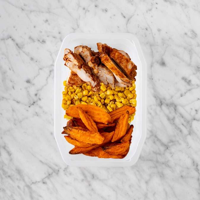 100g Chipotle Chicken Thigh 50g Corn 100g Sweet Potato Fries