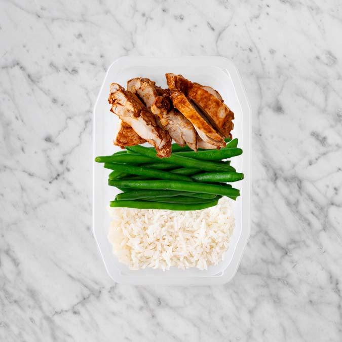 100g Chipotle Chicken Thigh 50g Green Beans 150g Basmati Rice