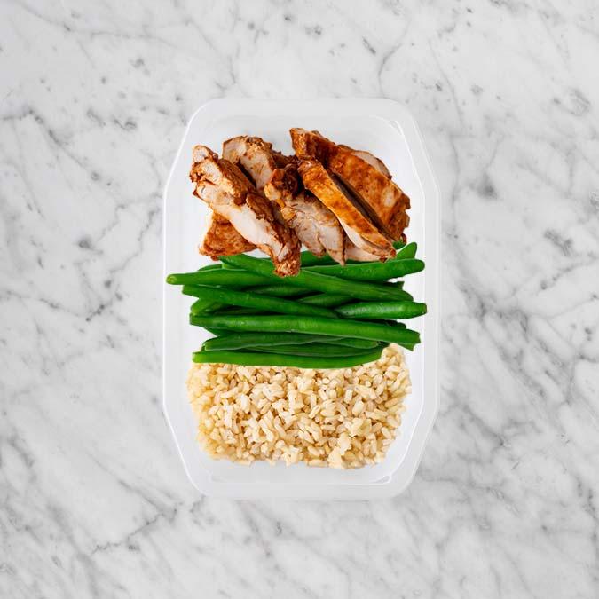 150g Chipotle Chicken Thigh 50g Green Beans 50g Brown Rice