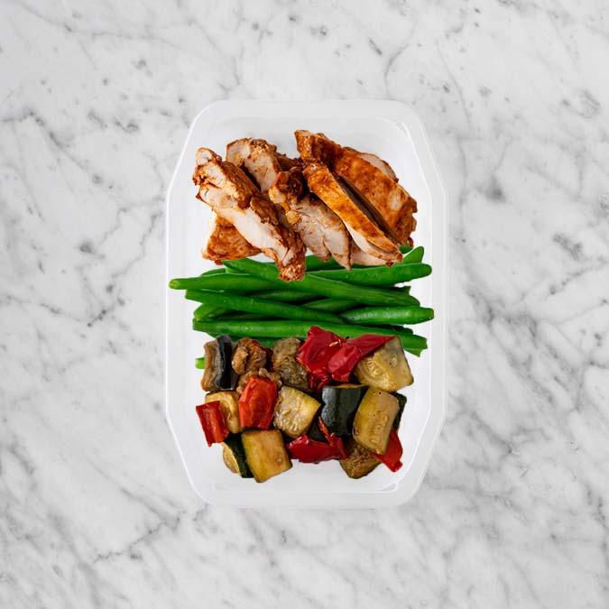 100g Chipotle Chicken Thigh 50g Green Beans 100g Char Veg
