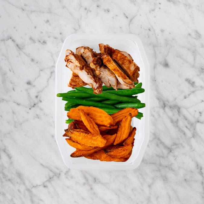 150g Chipotle Chicken Thigh 50g Green Beans 100g Sweet Potato Fries