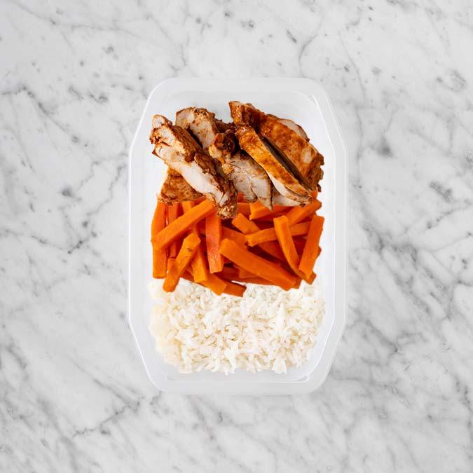 100g Chipotle Chicken Thigh 50g Honey Baked Carrots 250g Basmati Rice