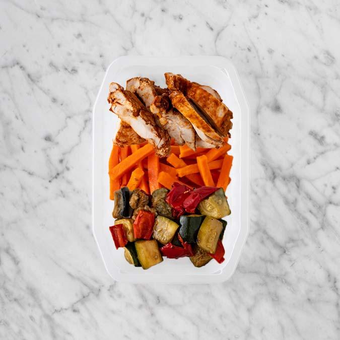 100g Chipotle Chicken Thigh 50g Honey Baked Carrots 150g Char Veg
