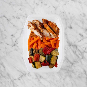 100g Chipotle Chicken Thigh 50g Honey Baked Carrots 50g Char Veg