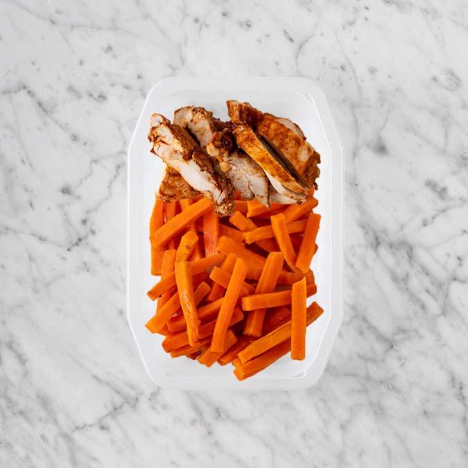 150g Chipotle Chicken Thigh 50g Honey Baked Carrots 50g Honey Baked Carrots