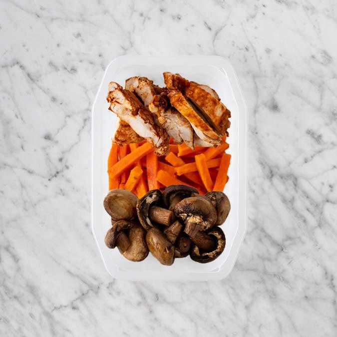 100g Chipotle Chicken Thigh 50g Honey Baked Carrots 150g Mushrooms