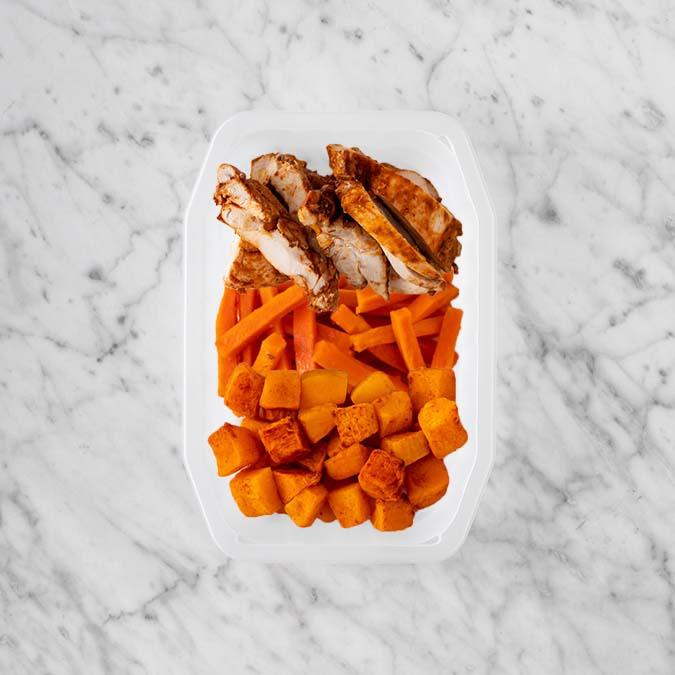100g Chipotle Chicken Thigh 50g Honey Baked Carrots 50g Rosemary Baked Sweet Potato