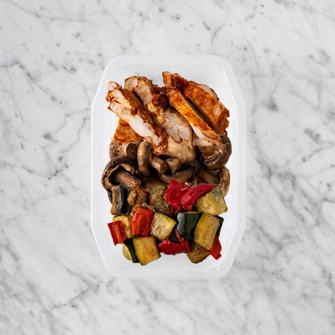 100g Chipotle Chicken Thigh 50g Mushrooms 250g Char Veg