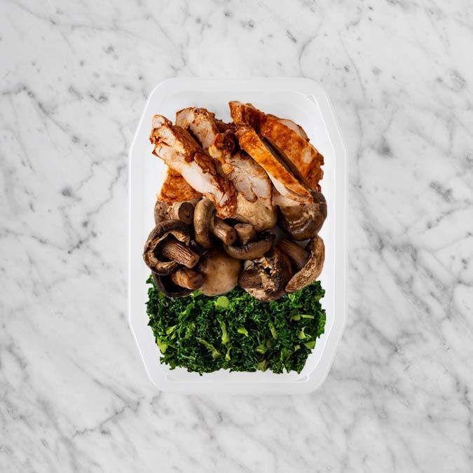 100g Chipotle Chicken Thigh 50g Mushrooms 250g Kale