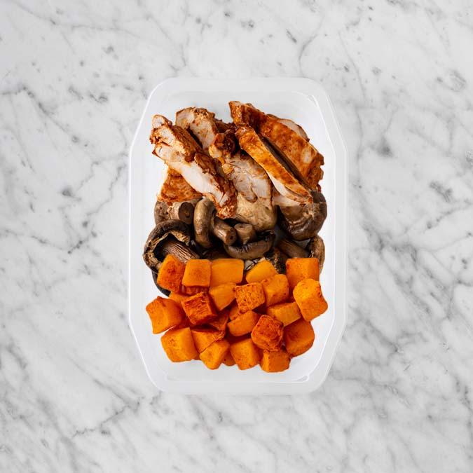 100g Chipotle Chicken Thigh 50g Mushrooms 200g Rosemary Baked Sweet Potato