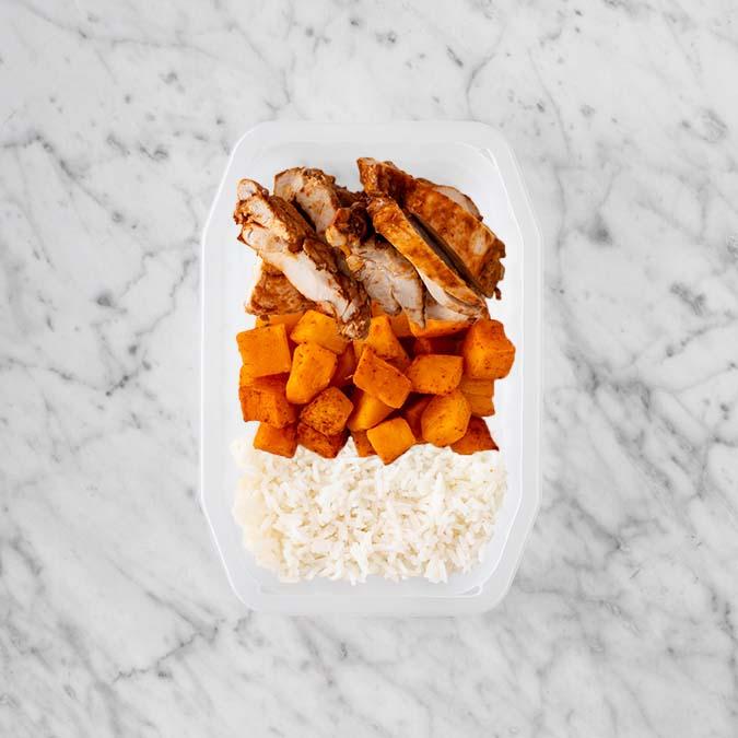 100g Chipotle Chicken Thigh 50g Rosemary Baked Sweet Potato 150g Basmati Rice