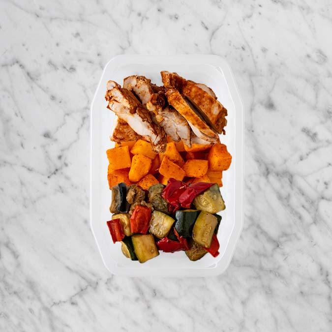 100g Chipotle Chicken Thigh 50g Rosemary Baked Sweet Potato 50g Char Veg