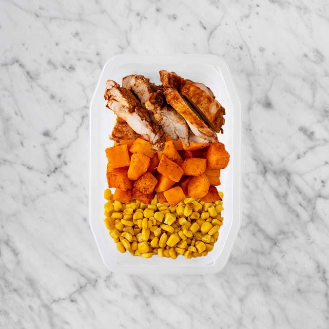 100g Chipotle Chicken Thigh 100g Rosemary Baked Sweet Potato 100g Corn