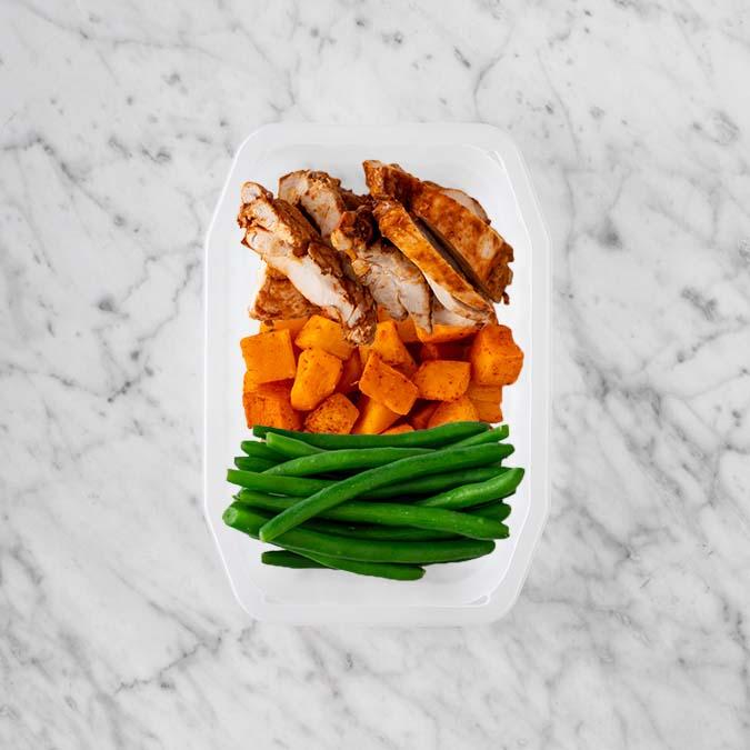 100g Chipotle Chicken Thigh 50g Rosemary Baked Sweet Potato 250g Green Beans