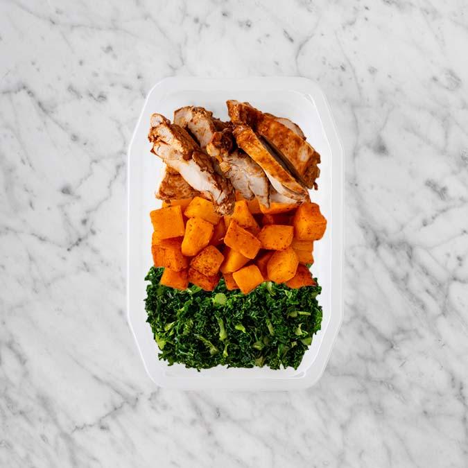 100g Chipotle Chicken Thigh 50g Rosemary Baked Sweet Potato 250g Kale