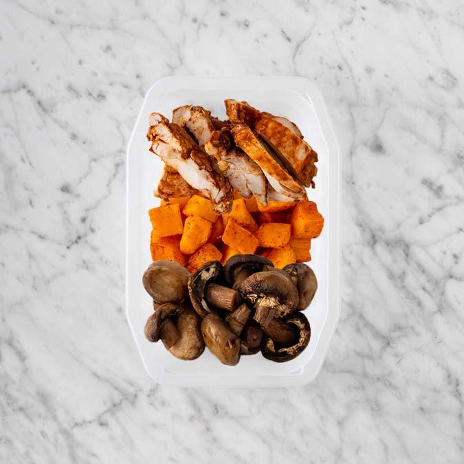 100g Chipotle Chicken Thigh 50g Rosemary Baked Sweet Potato 200g Mushrooms