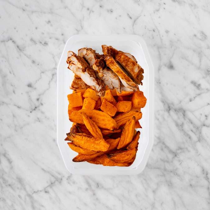 100g Chipotle Chicken Thigh 50g Rosemary Baked Sweet Potato 250g Sweet Potato Fries