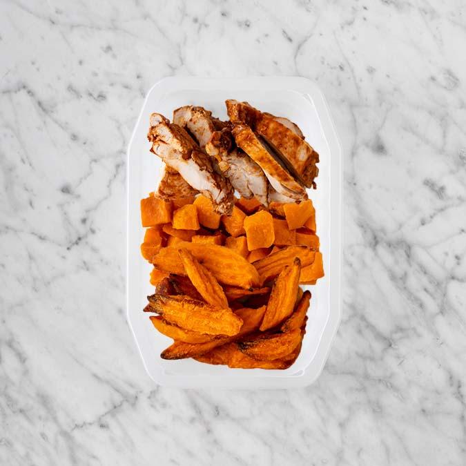 100g Chipotle Chicken Thigh 50g Smokey Pumpkin 150g Sweet Potato Fries
