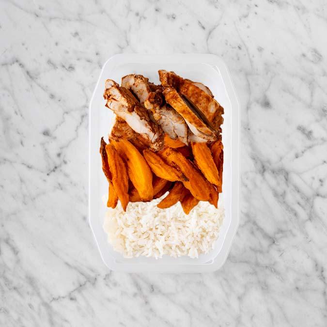 100g Chipotle Chicken Thigh 50g Sweet Potato Fries 100g Basmati Rice