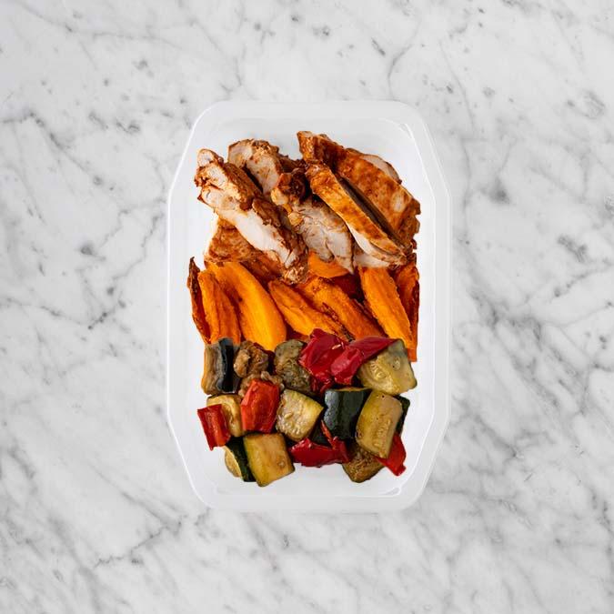150g Chipotle Chicken Thigh 100g Sweet Potato Fries 100g Char Veg