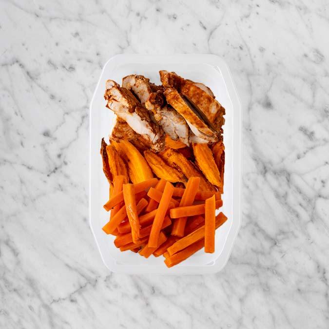 150g Chipotle Chicken Thigh 200g Sweet Potato Fries 50g Honey Baked Carrots